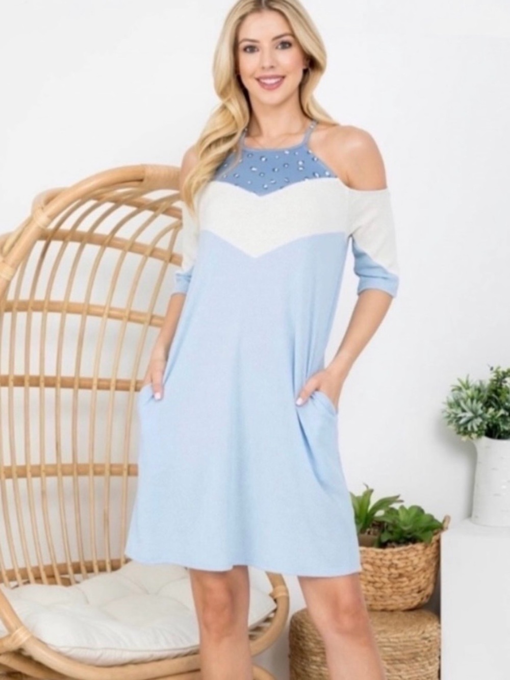 Leopard Detail Blue & White Cold Shoulder Dress with Pockets Size S